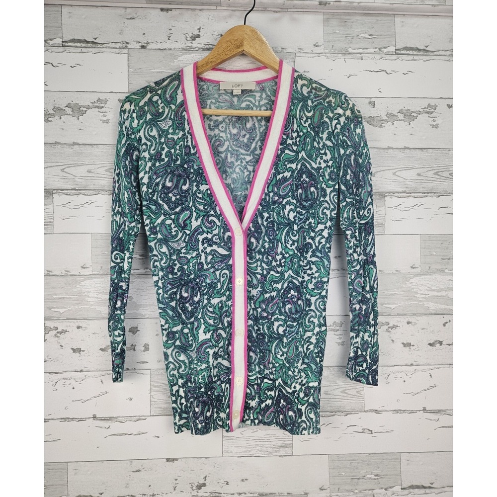 Ann Taylor Loft Womens Sweater Cardigan Small Paisley Green